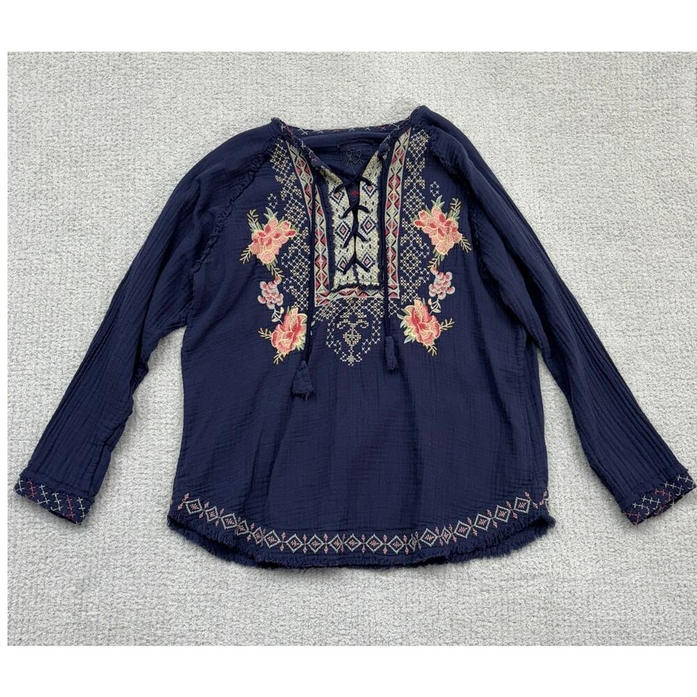Johnny Was Blue Embroidered Long Sleeve Blouse Size M #69463